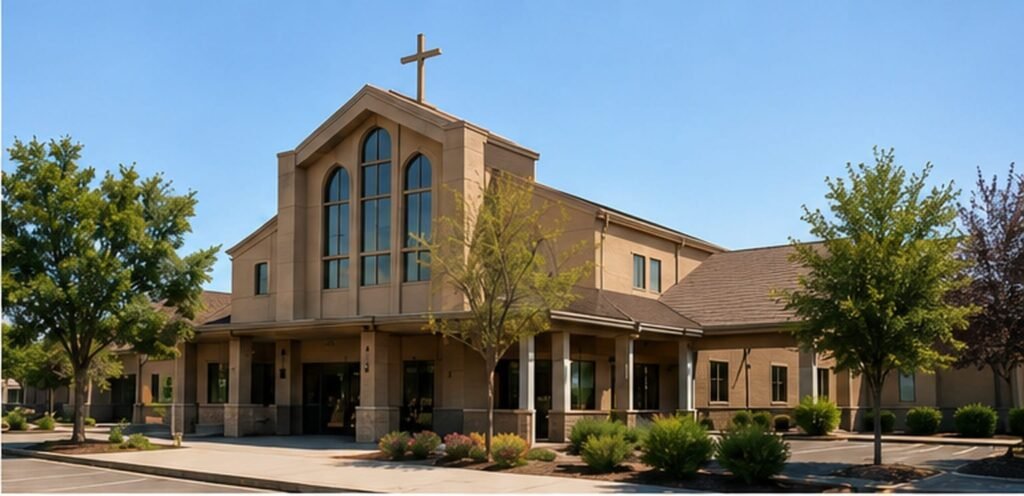 A tan brick church building with a steep peaked roof, tall arched windows and a cross at the roofline, framed by green trees under a clear blue sky