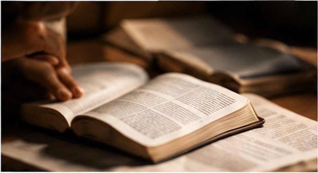 A hand resting on the pages of an open Bible on a wooden table in warm light, with more books stacked behind it