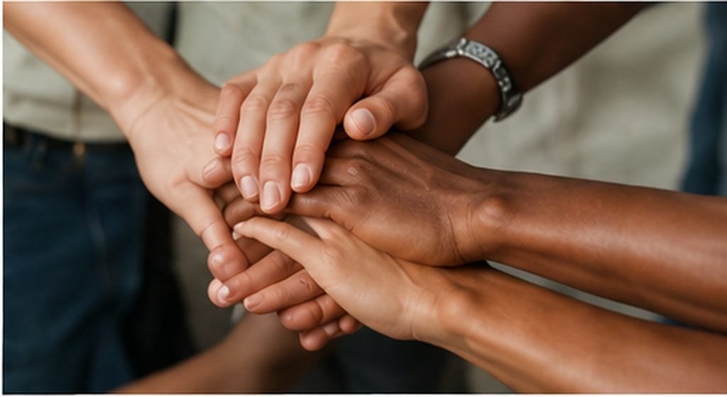A close-up of several hands of different skin tones stacked and clasped together