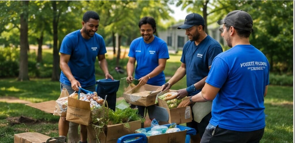 Four volunteers in blue shirts standing outdoors among trees, packing groceries and fresh produce into paper bags and cardboard boxes