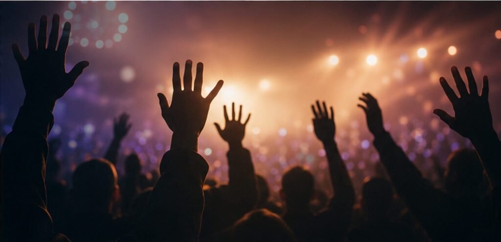 Silhouetted hands raised above a crowd against warm amber and purple light